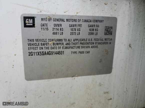 2016 Chevrolet Impala LS with VIN 2G11X5SA4G9144601, listed as a Copart auction lot 87476774 with 138,232 mi miles and Salvage Title. Bid and sale history available at carsss.com. Image 15.