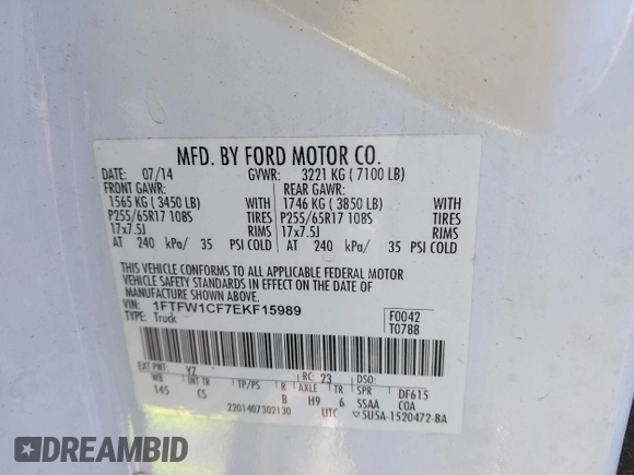 2014 Ford F-150 XL with VIN 1FTFW1CF7EKF15989, listed as a IAAI auction lot 41362970 with Not provided miles and . Bid and sale history available at DreamBid. Image 9.