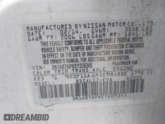 2014 Nissan Sentra SR z VIN 3N1AB7APXEY209345, wystawiony jako IAAI lot #42378706 z przebiegiem 132 705 mil mil oraz . Historia ofert i sprzedaży dostępna na DreamBid. Obrazek 9.