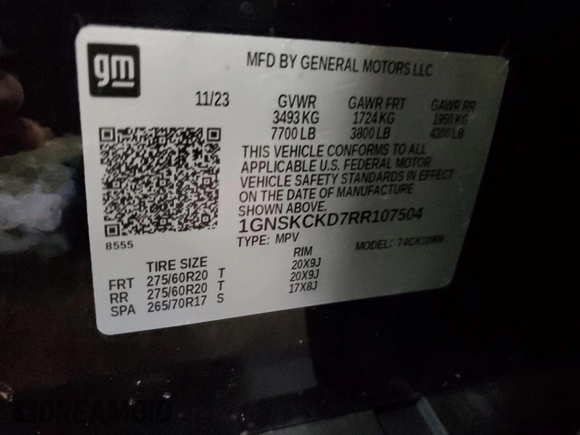 2024 Chevrolet Suburban LT z VIN 1GNSKCKD7RR107504, wystawiony jako Copart lot #45410745 z przebiegiem 31 752 mil mil oraz Szkoda całkowita • Salvage title. Historia ofert i sprzedaży dostępna na DreamBid. Obrazek 13.