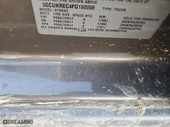 2015 Chevrolet Silverado 1500 LT with VIN 3GCUKREC4FG190098, listed as a Copart auction lot 88454625 with 61,433 mi miles and Salvage Title. Bid and sale history available at carsss.com. Image 14.
