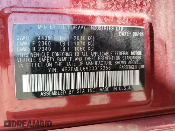 2013 Subaru Legacy Premium with VIN 4S3BMBC69D3012256, listed as a Copart auction lot 60819295 with 77,354 mi miles and Salvage title. Bid and sale history available at DreamBid. Image 12.