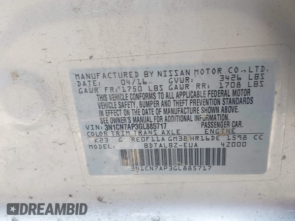 2016 Nissan Versa S with VIN 3N1CN7AP3GL885717, listed as a IAAI auction lot 42283825 with 233,517 mi miles and . Bid and sale history available at DreamBid. Image 9.