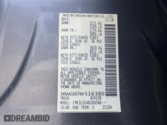 2019 Nissan Titan SV with VIN 1N6AA1E67KN516380, listed as a Copart auction lot 66311025 with 82,326 mi miles and Non repairable. Bid and sale history available at DreamBid. Image 15.