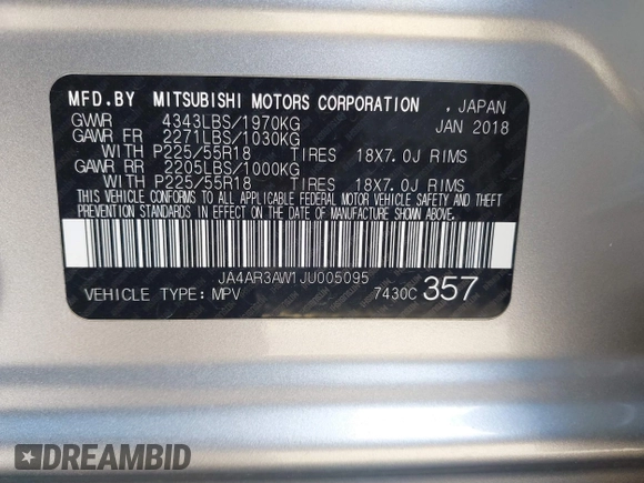 2018 Mitsubishi Outlander SE with VIN JA4AR3AW1JU005095, listed as a IAAI auction lot 41834921 with 127,137 mi miles and . Bid and sale history available at DreamBid. Image 9.