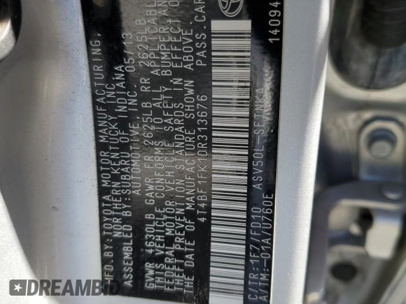 2013 Toyota Camry L with VIN 4T4BF1FK1DR313676, listed as a Copart auction lot 53202395 with 106,032 mi miles and Salvage Title. Bid and sale history available at carsss.com. Image 12.