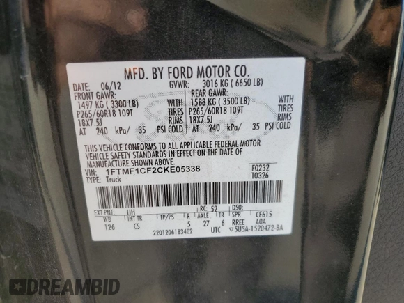 2012 Ford F-150 XL with VIN 1FTMF1CF2CKE05338, listed as a Copart auction lot 85856774 with 78,205 mi miles and Salvage Title. Bid and sale history available at carsss.com. Image 14.