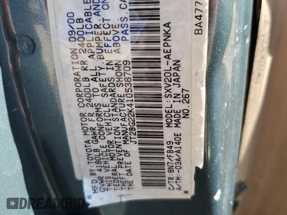 2001 Toyota Camry CE z VIN JT2BG22K410538709, wystawiony jako Copart lot #53295905 z przebiegiem 223 115 mil mil oraz Szkoda całkowita • Salvage title. Historia ofert i sprzedaży dostępna na DreamBid. Obrazek 14.
