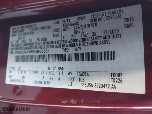 2014 Ford Escape Titanium with VIN 1FMCU9JX8EUB05561, listed as a IAAI auction lot 41602049 with 164,951 mi miles. Bid and sale history available at carsss.com. Image 9.