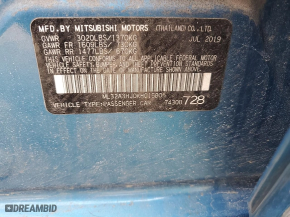 2019 Mitsubishi Mirage ES with VIN ML32A3HJ0KH015805, listed as a Copart auction lot 50964005 with 54,037 mi miles and Salvage Title. Bid and sale history available at carsss.com. Image 12.