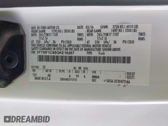 2016 Ford F-150 XL with VIN 1FTMF1C85GKE18267, listed as a IAAI auction lot 41921826 with 122,686 mi miles. Bid and sale history available at carsss.com. Image 9.