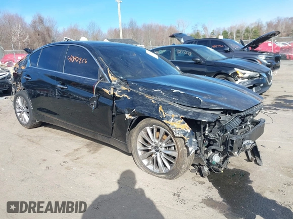 2021 Infiniti Q50 3.0t LUXE with VIN JN1EV7BR0MM752360, listed as a IAAI auction lot 41892956 with 63,990 mi miles. Bid and sale history available at carsss.com. Image 1.
