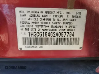 2002 Honda Accord LX z VIN 1HGCG16462A057794, wystawiony jako Copart lot #42451485 z przebiegiem Nie podano mil oraz Szkoda całkowita • Salvage title. Historia ofert i sprzedaży dostępna na DreamBid. Obrazek 12.