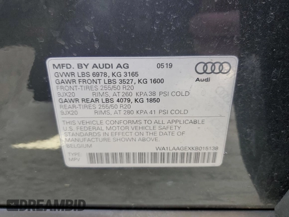 2019 Audi e-tron Premium Plus with VIN WA1LAAGEXKB015138, listed as a Copart auction lot 48853815 with 35,816 mi miles and Salvage title. Bid and sale history available at DreamBid. Image 14.
