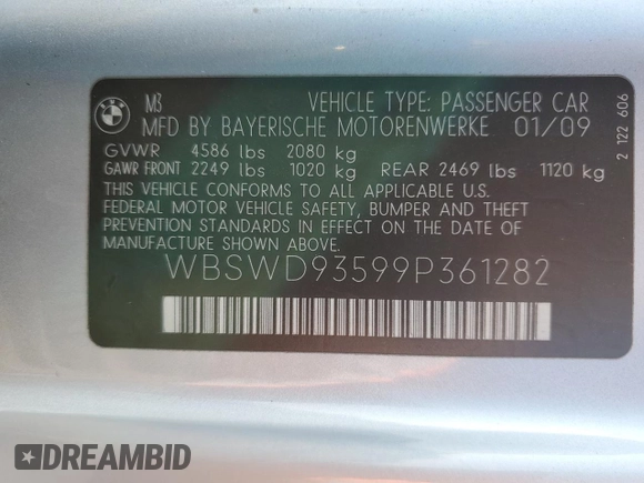 2009 BMW M3 with VIN WBSWD93599P361282, listed as a Copart auction lot 75952754 with 116,962 mi miles and Salvage title. Bid and sale history available at DreamBid. Image 14.