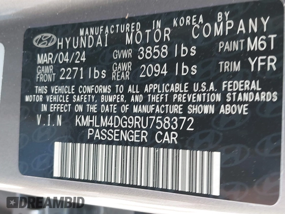 2024 Hyundai Elantra SEL with VIN KMHLM4DG9RU758372, listed as a IAAI auction lot 42165823 with 8,744 mi miles and . Bid and sale history available at DreamBid. Image 9.