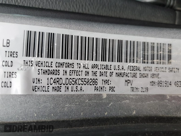 2019 Dodge Durango GT Plus with VIN 1C4RDJDG5KC550286, listed as a Copart auction lot 52127855 with 106,738 mi miles and Salvage title. Bid and sale history available at DreamBid. Image 15.
