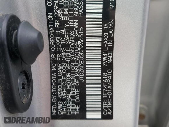 2013 Toyota Prius Two with VIN JTDZN3EU2D3236515, listed as a Copart auction lot 54956395 with 187,446 mi miles and Non Repairable. Bid and sale history available at carsss.com. Image 13.