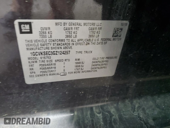 2016 Chevrolet Silverado 1500 LTZ with VIN 1GCVKSEC3GZ124297, listed as a Copart auction lot 82321274 with 141,302 mi miles and Salvage Title. Bid and sale history available at carsss.com. Image 12.