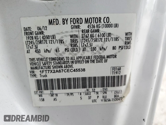 2012 Ford F-250 XL with VIN 1FT7X2A67CEC45538, listed as a Copart auction lot 59697855 with 218,145 mi miles and Salvage title. Bid and sale history available at DreamBid. Image 12.