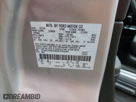 2010 Ford Escape Limited with VIN 1FMCU0EG9AKA54244, listed as a Copart auction lot 56930955 with 88,496 mi miles and Salvage title. Bid and sale history available at DreamBid. Image 13.