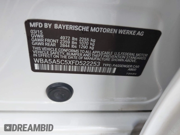 2015 BMW 5 Series 528i with VIN WBA5A5C5XFD522253, listed as a IAAI auction lot 42369196 with 102,798 mi miles and . Bid and sale history available at DreamBid. Image 9.