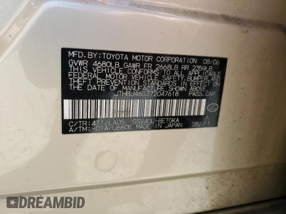 2007 Lexus ES 350 with VIN JTHBJ46G372047618, listed as a Copart auction lot 53755045 with 147,266 mi miles and Salvage Title. Bid and sale history available at carsss.com. Image 12.