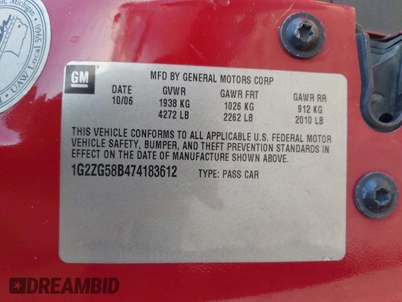2007 Pontiac G6 G6 z VIN 1G2ZG58B474183612, wystawiony jako IAAI lot #41898092 z przebiegiem 272 678 mil mil oraz . Historia ofert i sprzedaży dostępna na DreamBid. Obrazek 9.