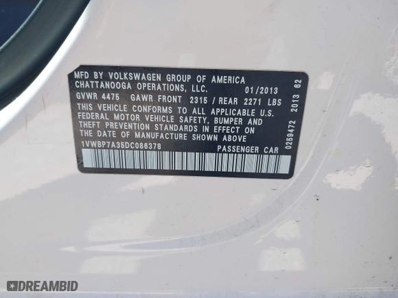 2013 Volkswagen Passat SE with VIN 1VWBP7A35DC086378, listed as a IAAI auction lot 41778741 with 182,726 mi miles. Bid and sale history available at carsss.com. Image 9.