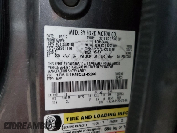 2012 Ford Expedition Limited with VIN 1FMJU1K56CEF45260, listed as a Copart auction lot 54232755 with 157,294 mi miles and Salvage title. Bid and sale history available at DreamBid. Image 13.