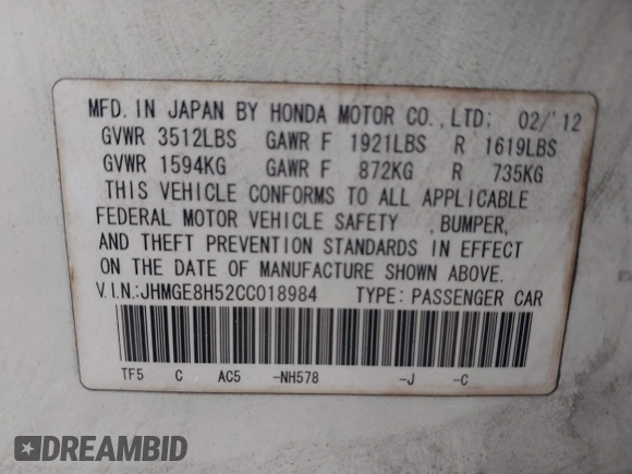 2012 Honda Fit Sport with VIN JHMGE8H52CC018984, listed as a IAAI auction lot 40880358 with 111,614 mi miles. Bid and sale history available at carsss.com. Image 9.