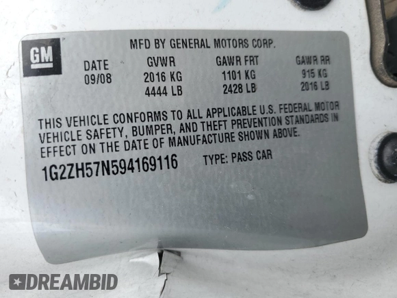 2009 Pontiac G6 GT 1SA with VIN 1G2ZH57N594169116, listed as a Copart auction lot 55883895 with Not provided miles and Salvage title. Bid and sale history available at DreamBid. Image 12.