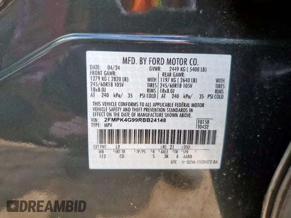2024 Ford Edge SE with VIN 2FMPK4G99RBB24148, listed as a Copart auction lot 58975545 with 16,016 mi miles and Salvage title. Bid and sale history available at DreamBid. Image 13.