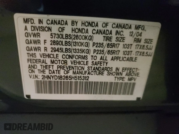 2005 Acura MDX with VIN 2HNYD18265H515312, listed as a Copart auction lot 42956685 with 260,490 mi miles and Salvage Title. Bid and sale history available at carsss.com. Image 13.