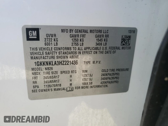 2017 GMC Acadia SLE z VIN 1GKKNKLA3HZ221436, wystawiony jako Copart lot #47899835 z przebiegiem 96 420 mil mil oraz Szkoda całkowita • Salvage title. Historia ofert i sprzedaży dostępna na DreamBid. Obrazek 13.