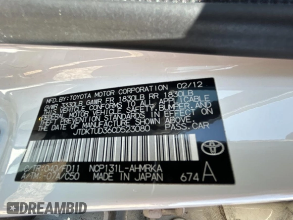 2012 Toyota Yaris L with VIN JTDKTUD36CD523080, listed as a Copart auction lot 55530815 with 134,042 mi miles and Clean Title. Bid and sale history available at carsss.com. Image 10.