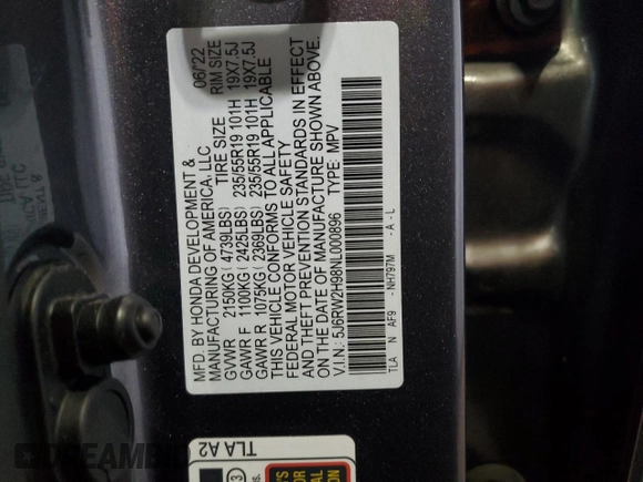 2022 Honda CR-V Touring with VIN 5J6RW2H98NL000896, listed as a Copart auction lot 43591385 with 59,676 mi miles and Salvage Title. Bid and sale history available at carsss.com. Image 13.