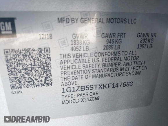 2019 Chevrolet Malibu LS with VIN 1G1ZB5STXKF147683, listed as a IAAI auction lot 42123608 with 104,692 mi miles and . Bid and sale history available at DreamBid. Image 9.