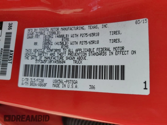 2015 Toyota Tundra 4WD Truck SR5 with VIN 5TFDW5F10FX458604, listed as a Copart auction lot 65032774 with 146,255 mi miles and Salvage Title. Bid and sale history available at carsss.com. Image 12.
