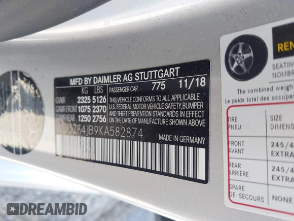 2019 Mercedes-Benz E-Class E 300 with VIN WDDZF4JB9KA582874, listed as a IAAI auction lot 41855689 with 42,445 mi miles. Bid and sale history available at carsss.com. Image 9.