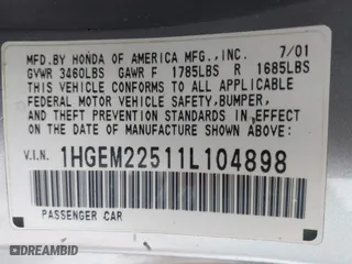 2001 Honda Civic LX with VIN 1HGEM22511L104898, listed as a IAAI auction lot 41855518 with 255,538 mi miles. Bid and sale history available at carsss.com. Image 9.