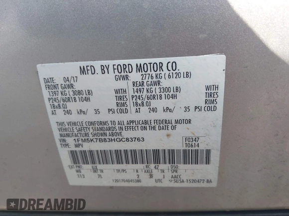 2017 Ford Explorer with VIN 1FM5K7B83HGC83763, listed as a IAAI auction lot 42445736 with 96,400 mi miles and . Bid and sale history available at DreamBid. Image 9.