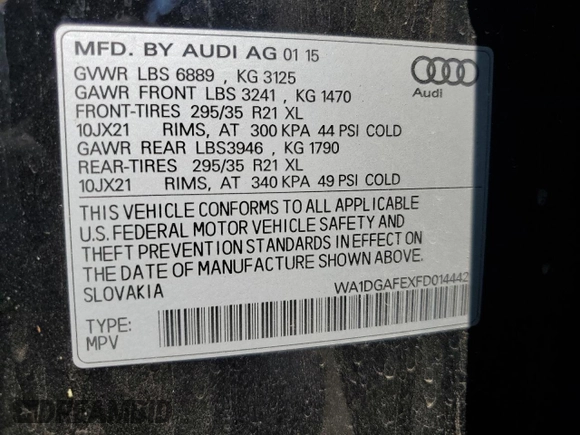 2015 Audi Q7 S line Prestige with VIN WA1DGAFEXFD014442, listed as a Copart auction lot 63507575 with 109,969 mi miles and Salvage title. Bid and sale history available at DreamBid. Image 14.