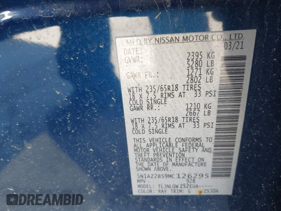 2021 Nissan Murano SV with VIN 5N1AZ2BS9MC126295, listed as a IAAI auction lot 41992143 with 33,385 mi miles and . Bid and sale history available at DreamBid. Image 9.