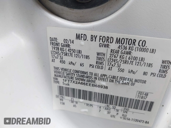 2014 Ford F-250 XL with VIN 1FT7X2A66EEB68938, listed as a IAAI auction lot 41548626 with 130,503 mi miles and . Bid and sale history available at DreamBid. Image 9.