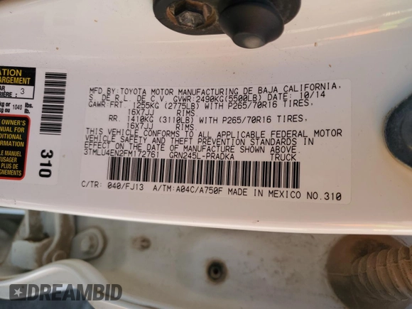 2015 Toyota Tacoma with VIN 3TMLU4EN2FM172761, listed as a Copart auction lot 55286045 with 174,168 mi miles and Salvage title. Bid and sale history available at DreamBid. Image 12.