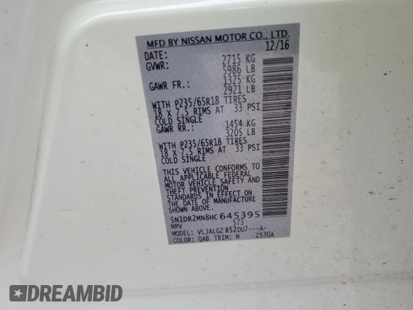 2017 Nissan Pathfinder Platinum with VIN 5N1DR2MN8HC645395, listed as a Copart auction lot 80670894 with 137,091 mi miles and Salvage Title. Bid and sale history available at carsss.com. Image 15.