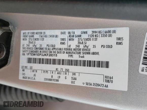 2018 Ford F-150 XL with VIN 1FTEW1EP3JKF28315, listed as a Copart auction lot 47981045 with 97,046 mi miles and Clean Title. Bid and sale history available at carsss.com. Image 12.