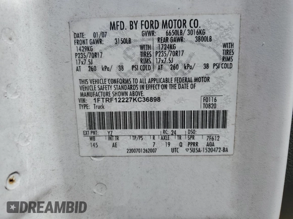 2007 Ford F-150 XL with VIN 1FTRF12227KC36898, listed as a Copart auction lot 57667855 with Not provided miles and Clean title. Bid and sale history available at DreamBid. Image 12.