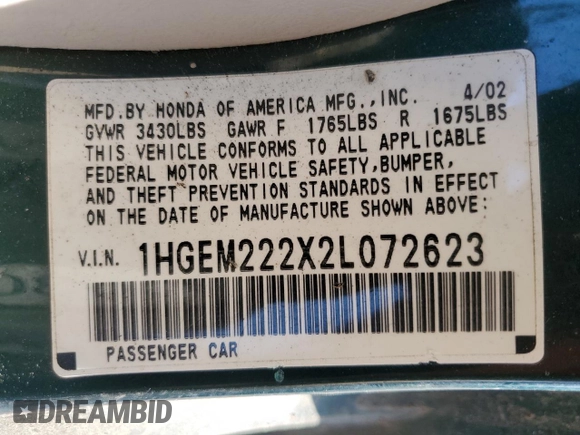 2002 Honda Civic DX with VIN 1HGEM222X2L072623, listed as a Copart auction lot 45855475 with 109,354 mi miles and Clean Title. Bid and sale history available at DreamBid. Image 12.
